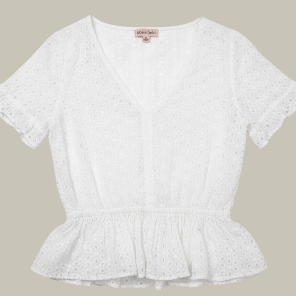 Bloomfield Blouse Eyelet Lace Peplum Medium White Cottage Boho Coquette Romantic